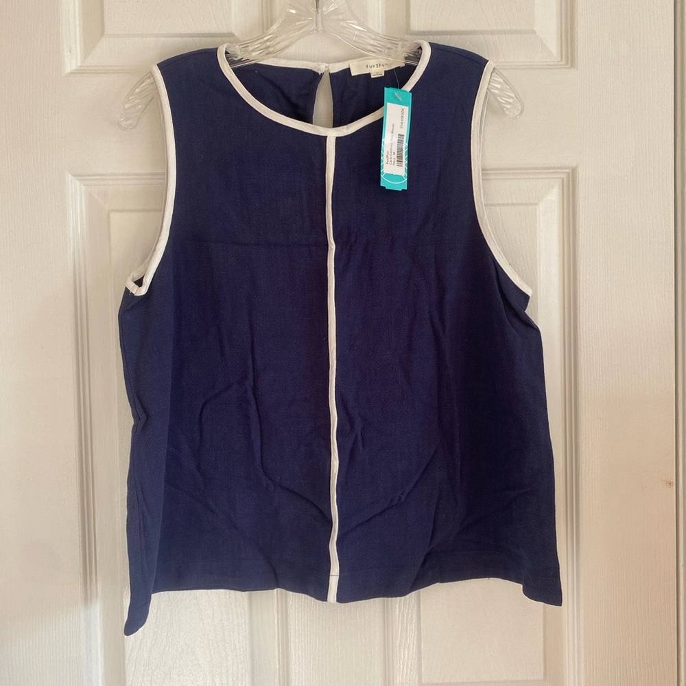 Navy Blue Sleeveless Top with White Trim